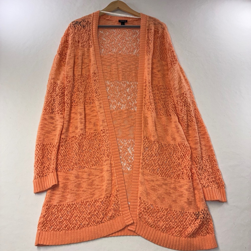 545 Boho Torrid Open Knit Longline Cardigan 1 Coral Orange Pointelle Sweater